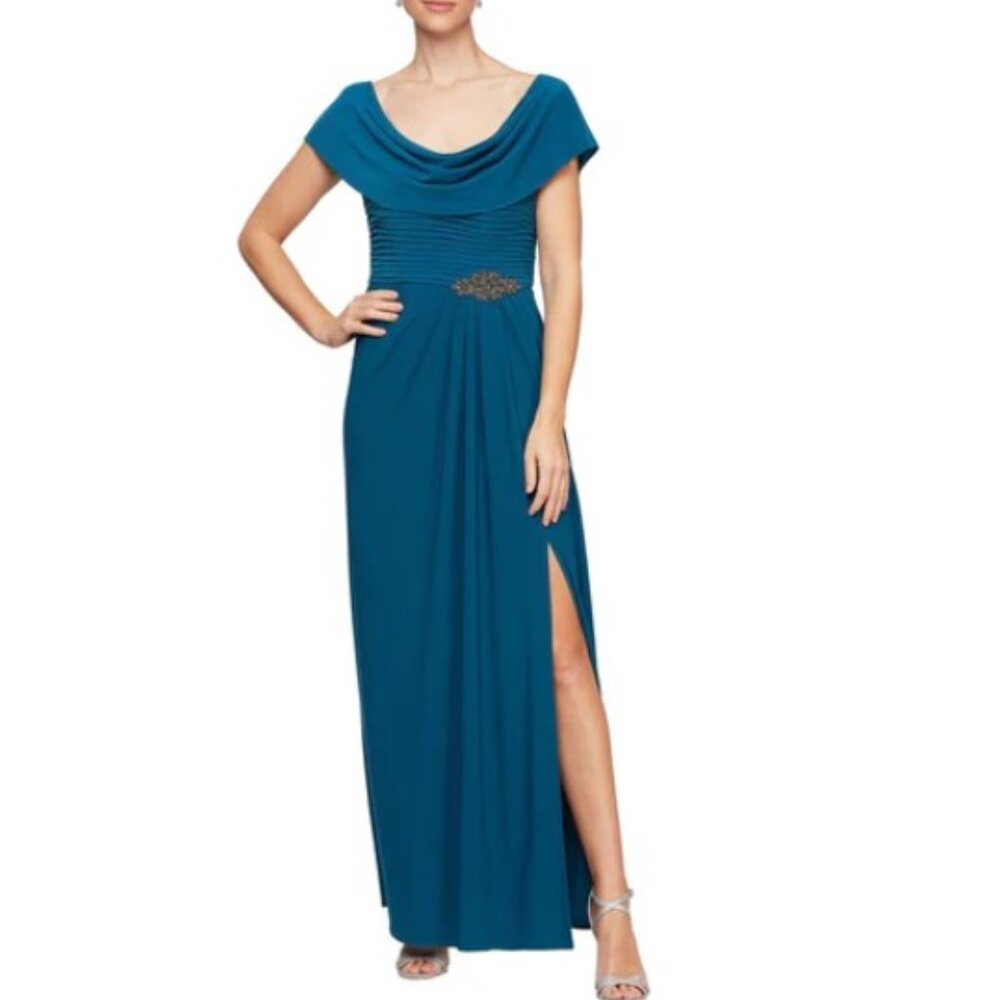 Patra Cowl Neck Ruched Jersey Evening Gown Teal Green Jeweled Waist Women’s 18